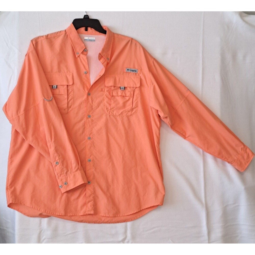 Columbia PFG Omni-Shade Vented Mesh Pockets Orange Fishing Men's XL Button-Up